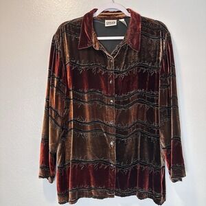 Vintage Chicos Design Size-3 Women's Shirt Top Brown Velvet Silk Blend Boho 90s
